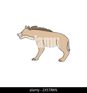 Un disegno continuo di fiena feroce per l'identità del logo aziendale. Concetto di mascotte animale predatore per l'icona dello zoo nazionale. Moderna linea singola Illustrazione Vettoriale