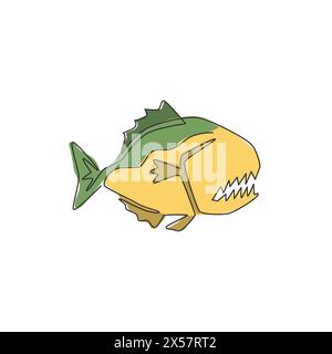 Un disegno continuo di piranha pericoloso per l'identità del logo. Il concetto della mascotte dei pesci mostruosi per l'icona pericolosa del fiume. Disegno a linea singola Illustrazione Vettoriale