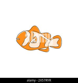 Un disegno continuo di adorabili pesci pagliaccio per l'identità del logo dell'acquario di mare. Mascotte anemonefish spogliate per l'icona dello spettacolo acquatico. Mo Illustrazione Vettoriale