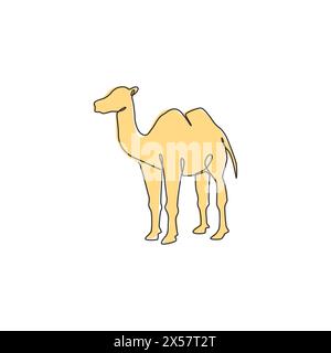 Un disegno continuo di cammello nel deserto arabo per l'identità del logo aziendale del bestiame. Concetto di dromedario animale per i paesi del Medio Oriente icona dello zoo. Illustrazione Vettoriale