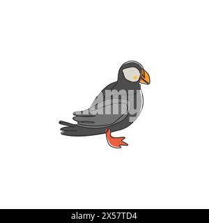 Un disegno continuo di simpatici puffin per l'identità del logo aziendale. Concetto di mascotte di uccelli marini pelagici per l'icona del parco nazionale di conservazione. Cantate in stile moderno Illustrazione Vettoriale