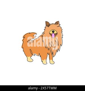 Disegno su una sola riga di un simpatico cane della pomerania per l'identità del logo aziendale. Mascotte per cani di razza pura per un'icona che ammette animali domestici. Continuou moderno Illustrazione Vettoriale