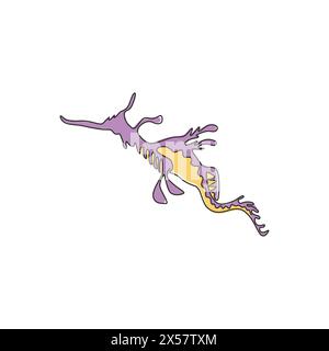Un disegno a linea continua di grazioso drago dal frondoso per l'identità del logo acquatico. Concetto di mascotte animale mimetico per l'icona della mostra mondiale del mare. Camera singola moderna Illustrazione Vettoriale