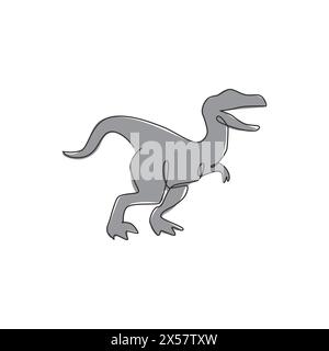 Un disegno continuo di un animale aggressivo raptor per l'identità del logo. Concetto di mascotte dei dinosauri per l'icona del museo preistorico. Linea singola dinamica d Illustrazione Vettoriale