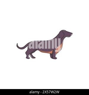 Un disegno continuo di adorabile dachshund dog per l'identità del logo. Mascotte per cani di razza pura per un'icona che ammette animali domestici. Moderna rete lin singola Illustrazione Vettoriale