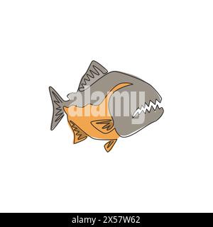 Un disegno continuo di piranha pericoloso per l'identità del logo. Il concetto della mascotte dei pesci mostruosi per l'icona pericolosa del fiume. Disegno a linea singola Illustrazione Vettoriale