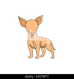 Disegno a linea singola di un simpatico cane chihuahua per l'identità del logo aziendale. Mascotte per cani di razza pura per un'icona che ammette animali domestici. Uno moderno Illustrazione Vettoriale