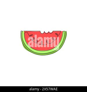 Un disegno continuo di anguria organica a fette per l'identità del logo del frutteto. Concetto fruttato fresco per l'icona del giardino della frutta. Singola moderna Illustrazione Vettoriale