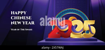 Design blu per il nuovo anno cinese 2025, palco sul podio con insegna Snake e numero 3d 2025 Illustrazione Vettoriale