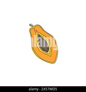 Disegno di una sola linea di papaya organica a metà fette per l'identità del logo del frutteto. Concetto fruttato fresco per l'icona del giardino della frutta. Continuo moderno Illustrazione Vettoriale