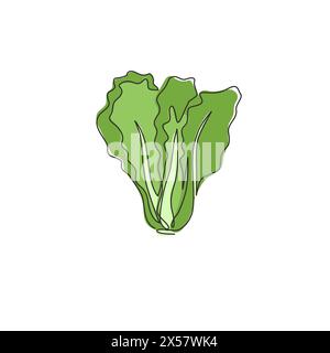 Una sola linea disegno di foglie verdi di senape organiche intere per l'identità del logo dell'azienda agricola. Il concetto di brassica juncea fresca per l'icona delle verdure. Moderno Illustrazione Vettoriale