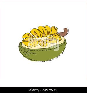 Un disegno a linea singola di mezze fette di jackfruit biologico sano per l'identità del logo del frutteto. Concetto fruttato tropicale fresco per un'icona del giardino della frutta. Modalità Illustrazione Vettoriale