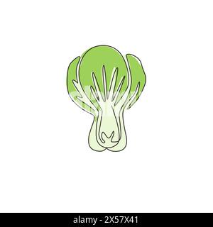 Una linea continua di bok choy verde biologico intero per l'identità del logo dell'azienda agricola. Concetto di foglie pakchoy cinesi fresche per l'icona delle verdure. M Illustrazione Vettoriale