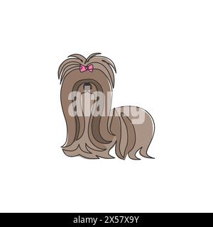 Disegno a linea singola continua di adorabile shih tzu per l'identità del logo del salone di animali domestici. Mascotte per cani di razza pura per un'icona che ammette animali domestici. Moderno Illustrazione Vettoriale