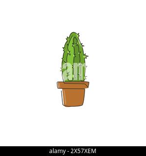 Una linea continua che disegna una graziosa pianta di cactus spiny tropicale in vaso. Decorazione decorativa stampabile di piante d'casa decorazione per la casa ornamento di carta da parati. Peccato moderno Illustrazione Vettoriale