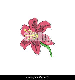 Linea singola continua che disegna il lancifolium del lilio di bellezza per l'arredamento della casa la stampa di poster per arte murale. Fiore decorativo di giglio tigre stampabile per un parco verde. Illustrazione Vettoriale