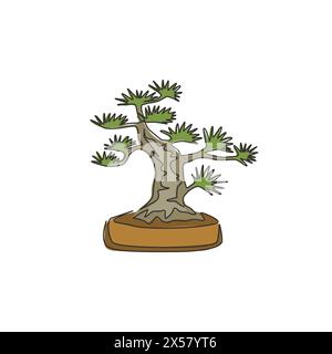 Disegno singolo di una linea di bellezza ed esotico mini albero bonsai per decorare le pareti, poster art print. Vecchia pianta decorativa in vaso per l'officina di piante. Moderno Illustrazione Vettoriale