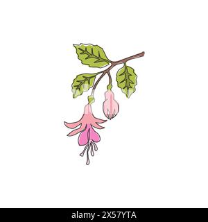 Disegno a linea singola continua di bellezza fresco fiore fucsia per l'arredamento della casa, stampa di poster per arte murale. Piante di arbusti decorativi per la carta d'invito floreale Illustrazione Vettoriale