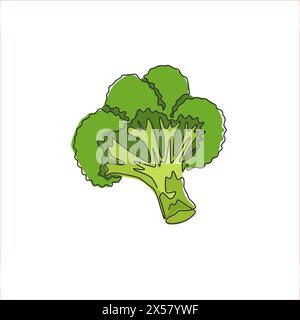 Una linea singola che disegna broccoli verdi biologici sani per l'identità del logo dell'azienda agricola. Concetto di piante verdi commestibili fresche per l'icona delle verdure. conti moderni Illustrazione Vettoriale