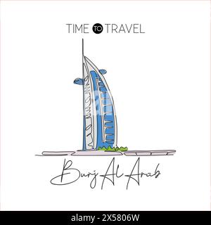 Disegno a linea singola continua di benvenuto al monumento Burj al Arab. Dubai, famosa località degli Emirati Arabi Uniti. Decorazioni per la casa, poster art. VEC Illustrazione Vettoriale