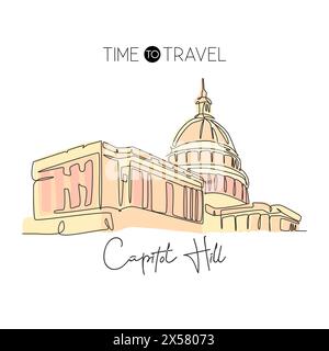 Linea singola continua che disegna il punto di riferimento di Capitol Hill. Luogo iconico famoso a Washington DC, Stati Uniti. Arredamento da parete, stampa di poster artistici Illustrazione Vettoriale