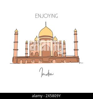 Linea singola continua che disegna il monumento del palazzo Taj Mahal. Bella località famosa ad Agra, India. Arredamento da parete, stampa di poster artistici. M Illustrazione Vettoriale