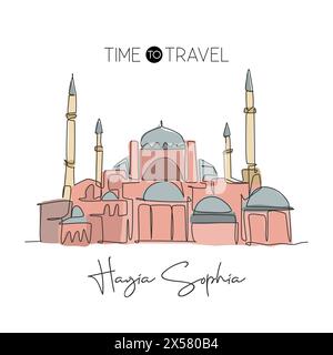 Una linea continua che disegna la moschea di Hagia Sophia. Simbolo della bellezza mondiale a Istanbul in Turchia. Design a parete per la stampa di poster per la casa. Peccato moderno Illustrazione Vettoriale