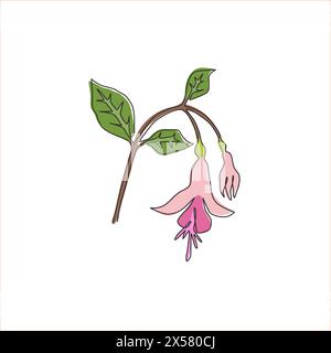 Una linea singola disegna la bella fucsia fresca per il logo del giardino. Decorazione di arbusti pianta fiorita concetto per arredamento casa parete art poster stampa. Moder Illustrazione Vettoriale