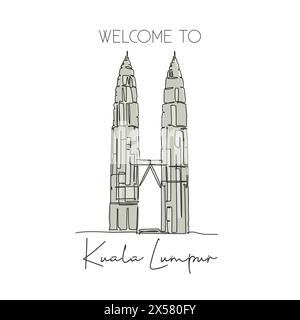 Depok, Indonesia - 6 agosto 2019: Una linea continua che disegna il simbolo della Twin Tower. Luogo iconico del mondo a Kuala Lumpur, Malesia. Vacanza wal Illustrazione Vettoriale