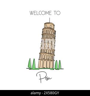 Disegno su una sola linea della Torre di Pisa magra. Bellissimo luogo storico iconico in Piazza del Duomo. Stampa poster per cartoline e decorazioni per la casa. Modalità Illustrazione Vettoriale