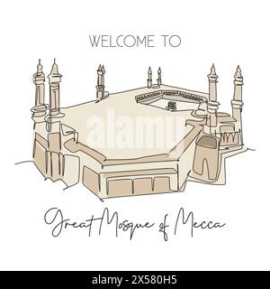 Una linea continua che disegna la grande moschea del monumento di masjid al haram. Luogo famoso della Mecca, Arabia Saudita. Design a poster Hajj umrah. T Illustrazione Vettoriale