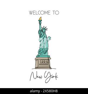 Una linea continua che disegna la Statua della libertà. Luogo storico iconico a New York, Stati Uniti. Arredamento per le vacanze, arte da parete, stampa poster. Mo Illustrazione Vettoriale