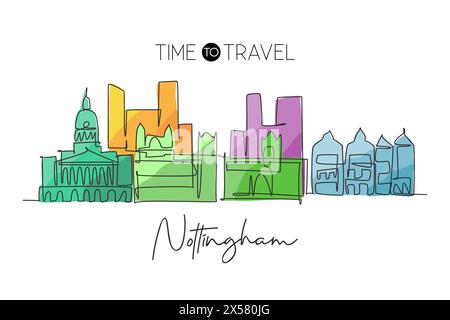 Un disegno continuo dello skyline di Nottingham. Bellissimo grattacielo cittadino. Mondo paesaggio turismo viaggio vacanza casa parete arredamento poster conc Illustrazione Vettoriale