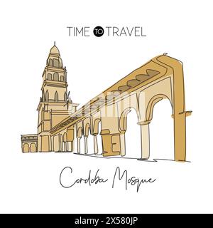 Linea singola continua che disegna la grande Moschea di Cordova. Luogo famoso in Andalusia, Spagna. Campagna di viaggio mondiale decorazione a parete stampa art concept. Illustrazione Vettoriale