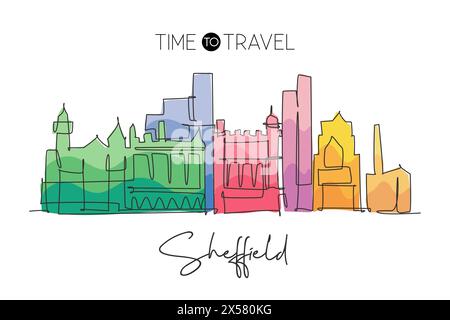 Un disegno a linea continua dello skyline di Sheffield. Bellissimo grattacielo cittadino. Turismo del paesaggio del mondo viaggio vacanza parete arredamento concetto poster. T Illustrazione Vettoriale