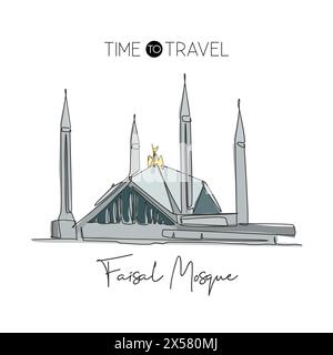 Una sola linea che traccia il monumento storico della Moschea Shah Faisal. Famoso iconico a Islamabad Pakistan. Turismo viaggio cartolina casa decorazione parete concetto poster. Modalità Illustrazione Vettoriale