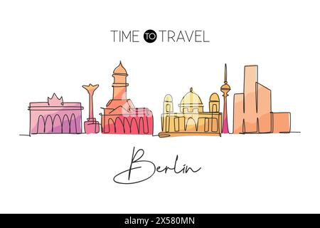 Disegno a linea singola continua dello skyline di Berlino. Il famoso paesaggio dei grattacieli della città. Cartolina da viaggio per il mondo arredamento per la casa arte da parete poster stampa cestino Illustrazione Vettoriale