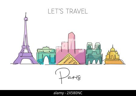 Un disegno su una sola linea dello skyline di Parigi in Francia. Il paesaggio storico dei grattacieli nel mondo. La migliore destinazione per le vacanze con decorazioni a parete e stampa di poster. TREN Illustrazione Vettoriale