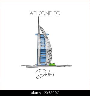 Depok, Indonesia - 2 agosto 2019: Una sola linea che disegna il monumento Burj al Arab. Luogo famoso in tutto il mondo a Dubai, Emirati Arabi Uniti. Cartolina di viaggio turistica e. Illustrazione Vettoriale