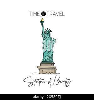 Una sola linea che disegna la Statua della libertà. Luogo simbolo a New York, Stati Uniti. Cartolina da viaggio turistica e poster decorativi per la casa. Modalità Illustrazione Vettoriale