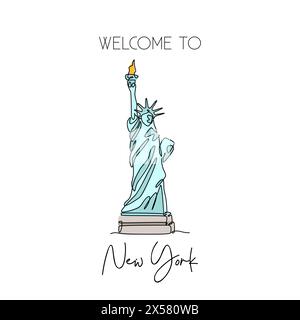 Disegno a linea continua della Statua della libertà. Luogo iconico di New York City, Stati Uniti. Concetto di stampa poster per decorazioni per la casa. Mod Illustrazione Vettoriale