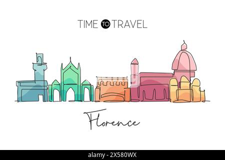 Disegno a linea singola continua dello skyline di Firenze, Italia. Famoso paesaggio di grattacieli in tutto il mondo. World Travel Concept, arredamento da parete, poster, stampa artistica Illustrazione Vettoriale