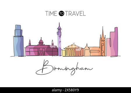 Disegno a linea singola continua dello skyline di Birmingham. Famoso grattacielo e paesaggio cittadino. Arredamento da parete, stampa di poster artistici Illustrazione Vettoriale