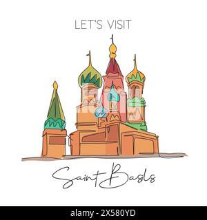 Linea singola continua che disegna il simbolo di San Basilio. Bellissimo posto famoso a Mosca, Russia. Arredamento da parete World Travel Home Art poster print concept. M Illustrazione Vettoriale