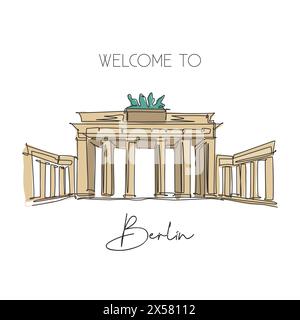 Una linea continua che disegna il punto di riferimento della porta di Brandeburgo. Luogo iconico del mondo a Berlino, Germania. Decorazioni murali per le vacanze natalizie, stampa di poster. Mo Illustrazione Vettoriale