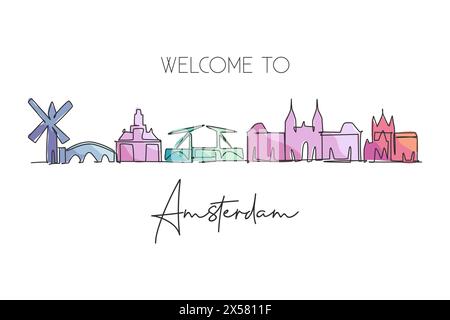 Disegno a linea singola continua dello skyline di Amsterdam, Paesi Bassi. Cartolina panoramica dei famosi grattacieli. Arredamento da parete World Travel poster art concep Illustrazione Vettoriale