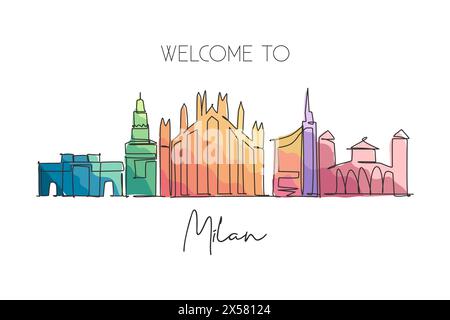 Disegno a linea singola continua dello skyline di Milano, Italia. Il famoso paesaggio dei grattacieli della città in tutto il mondo. Concetto di stampa poster World Travel con decorazioni da parete. Illustrazione Vettoriale