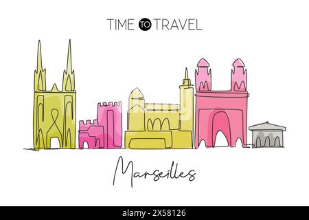 Disegno a linea singola continua dello skyline di Marsiglia, Francia. Il famoso paesaggio dei grattacieli della città. World Travel wall decor poster stampa art concept. Illustrazione Vettoriale