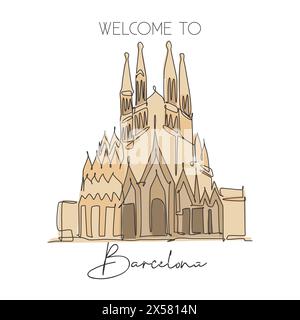 Depok, Indonesia - 7 agosto 2019: Un'unica linea di disegno di benvenuto alla Basilica de la Sagrada Familia. Luogo famoso in tutto il mondo a Barcellona, Spa Illustrazione Vettoriale