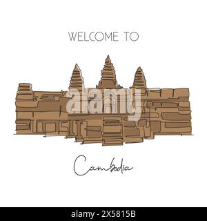 Una linea continua che traccia il punto di riferimento dei templi di Angkor Wat. Luogo iconico a Siem Reap, Cambogia. Decorazioni murali per le vacanze, poster per la casa. Mod Illustrazione Vettoriale